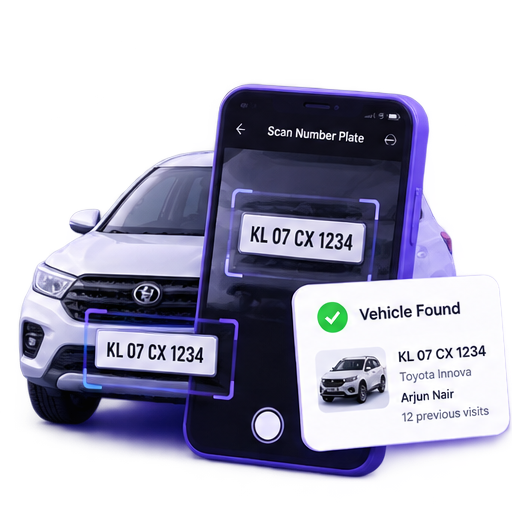 Staff app scanning a vehicle number plate and instantly matching it to the customer's history