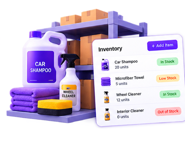 Inventory tracker showing consumable stock levels and low-stock alerts
