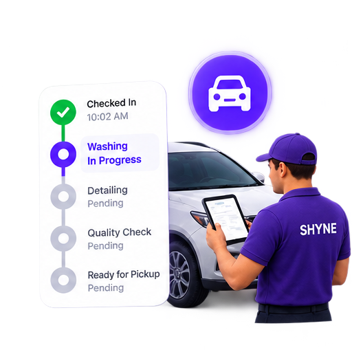 Live job status tracker showing a vehicle moving through wash, detailing, and quality check stages