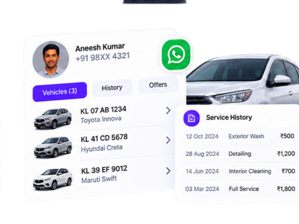 Customer profile showing registered vehicles, service history and spending