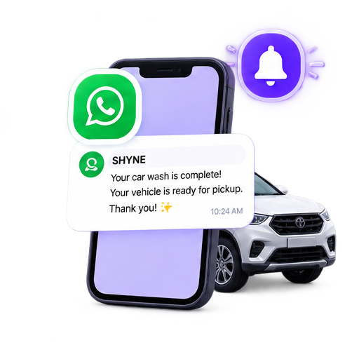 WhatsApp notification telling a customer their car wash is complete and ready for pickup