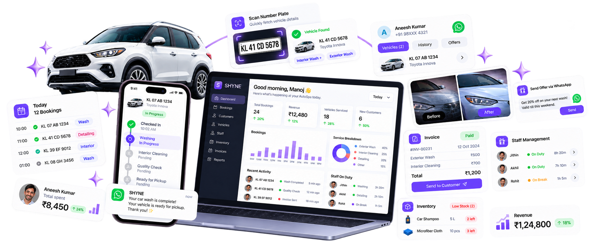 Shyne admin dashboard and staff mobile app showing live bookings, revenue, and WhatsApp customer updates for an auto detailing business